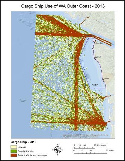 OCNMS is evaluating the utility of its S-AIS 2013 dataset in representing Washington Outer Coast vessel patterns. The following vessel density maps (Figures 2-8) represent an interim product.