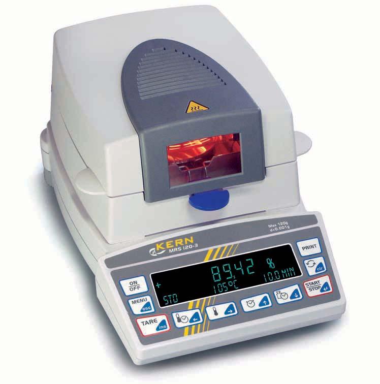 Moisture analyser KERN MRS 1 04 Features Perfect drying with sample weight up to 124 g and many practical functions MRS 120-3 Readout [d] 0,001 g / 0,01 % Weighing range [Max] 124 g sample 2 g 0,2 %