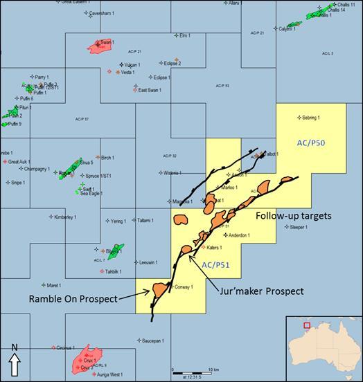 AC/P50 & AC/P51 (Melbana100%*): Multiple oil targets Melbana fully carried through 3D seismic reprocessing Identified material Ramble On and Jur maker oil prospects in proven petroleum system defined