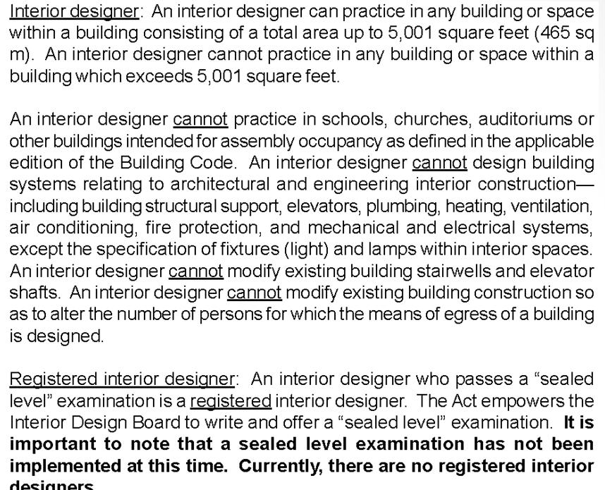 Do I need an Interior Designer? Interior Designer: -up to 5,000 sq. ft. -Not Group A or E. Registered Interior Designer -Not Group A or E.