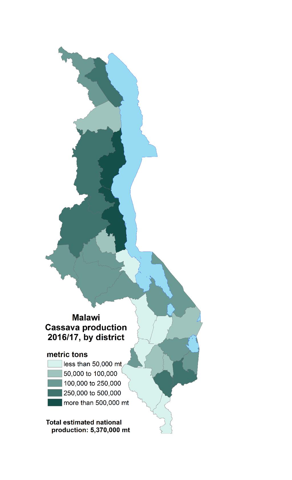 Figure 1: Estimated cassava production in Malawi by district,