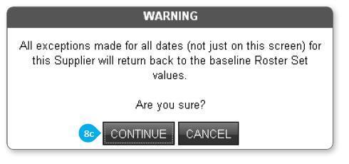 Clearing Roster Exceptions continued 8 a. To clear all Roster Exceptions and revert back to the original baseline Roster Set values across all dates, click the Clear All button. b. A Warning message displays.