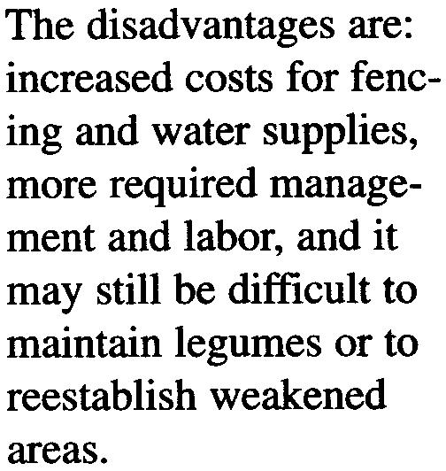 The disadvantages are: increased costs for fencing and water supplies, more required management and labor, and it may still be difficult to maintain legumes or to