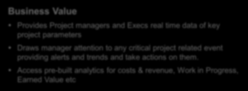 Access pre-built analytics for costs & revenue, Work in Progress, Earned Value etc Use Cases Use