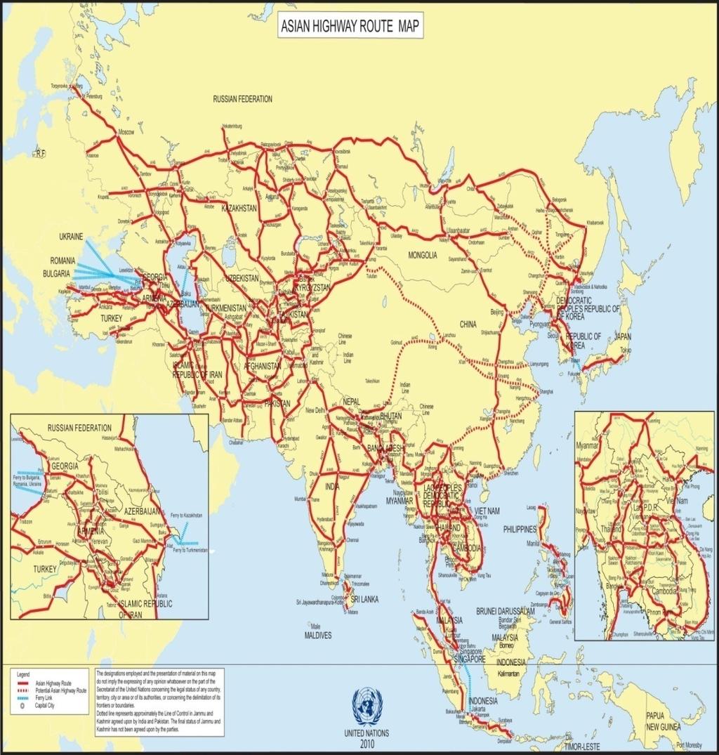 UNESCAP cooperations The Asian Highway network is a network of 141,000 kilometers of standardized roadways crossing 32 Asian countries with linkages to Europe.