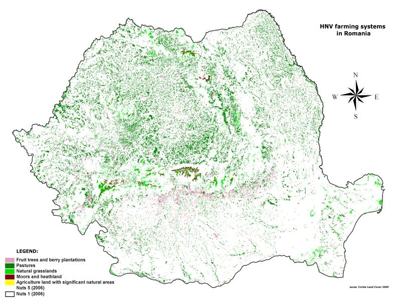 Mapping the Romanian HNV systems HNV farmland is found in almost all areas of the country Mostly Type 1 areas, those dominated by semi-natural grassland Type 2 areas are frequent as well: Small-scale