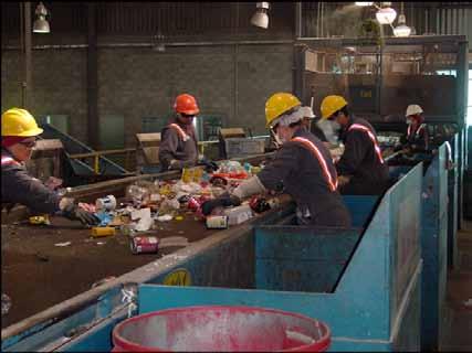 Workers at the South San Francisco Scavenger Company recycling facility sort incoming mixed solid waste. The facility sorted and recycled over 59% of mixed solid waste transported off the Airport.