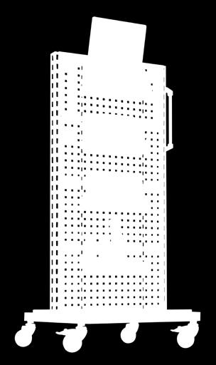 The side frame comprises a crossbar, one shelf and two support pillars made of steel profile (60 30 mm), perforated on four sides at 50 mm increments.