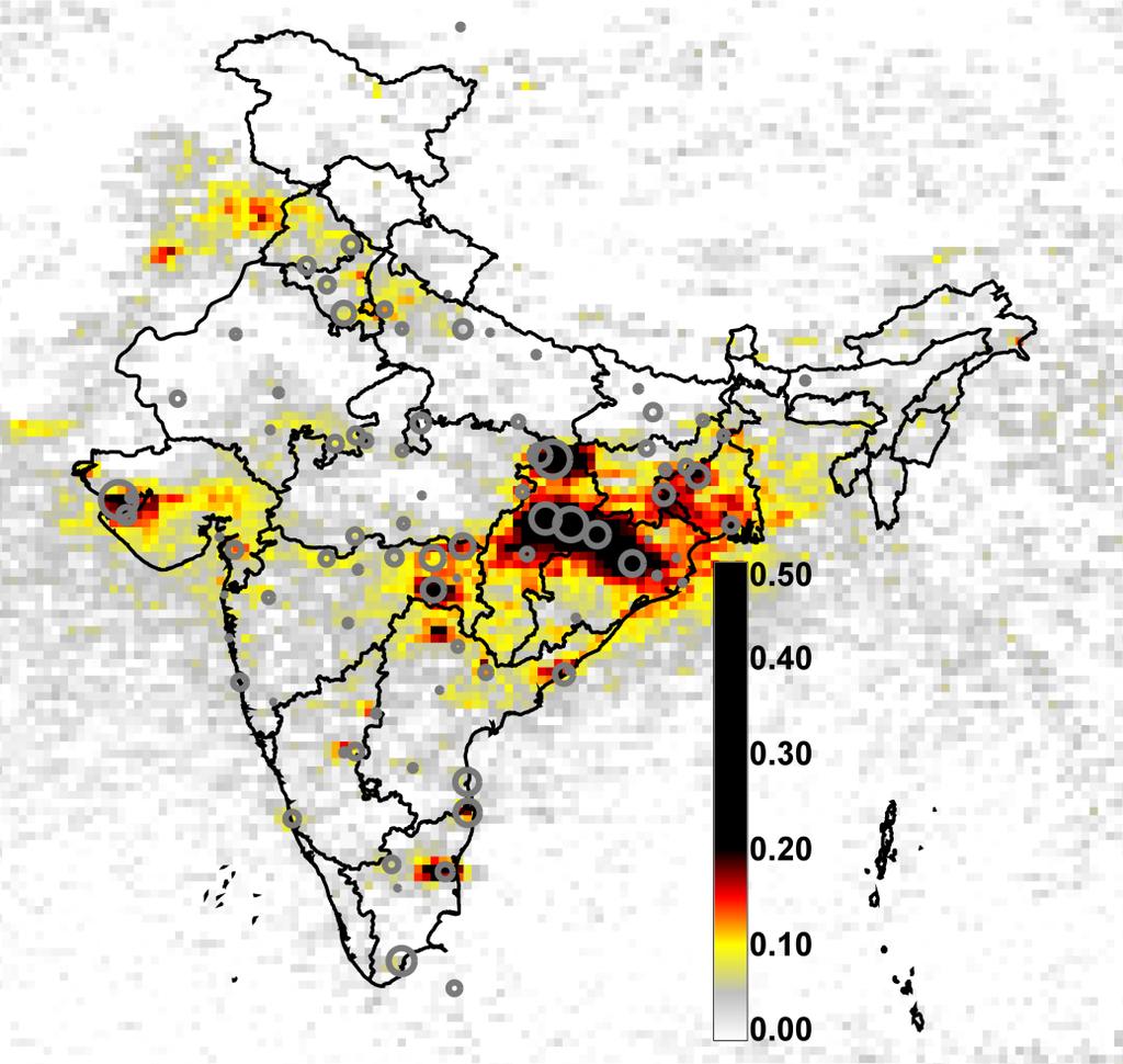 Figure 3: Thermal power plants are the dominant source of SO2 emissions and SO2 emissions growth in India, as is evident from a map juxtaposing coal-fired power capacity (gray circles) with