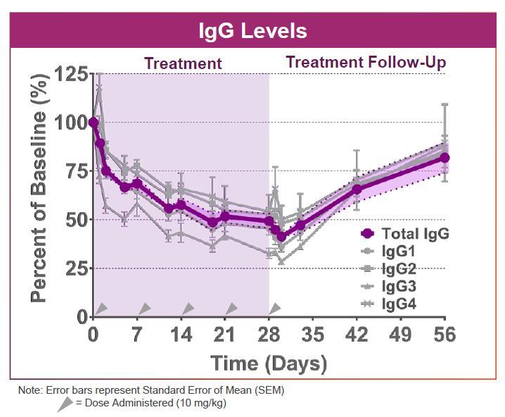Positive Phase 1b/2a Interim Data in PV/PF Supports Proof of Mechanism for IgG Reduction Mean total IgG reduction of 59% by Day 30 with rapid onset of action and reversion