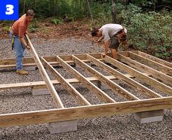 Install a 2 x 6 floor joist every 16 in. Fasten them by nailing through the band joists with 16d galvanized nails. For the shed floor, we used 3/4-in. tongue-and-groove ACX plywood.