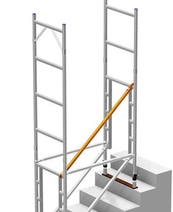 Install a ladder, temporary platform & 2 brace frames as shown. Make sure the brace frames are clipped to the uprights from the inside as detailed in step 2.
