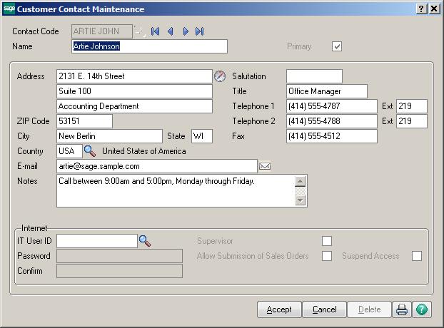 CONTACTS: Use Customer Contact Maintenance to create and maintain multiple contacts for customer and ship-to addresses.