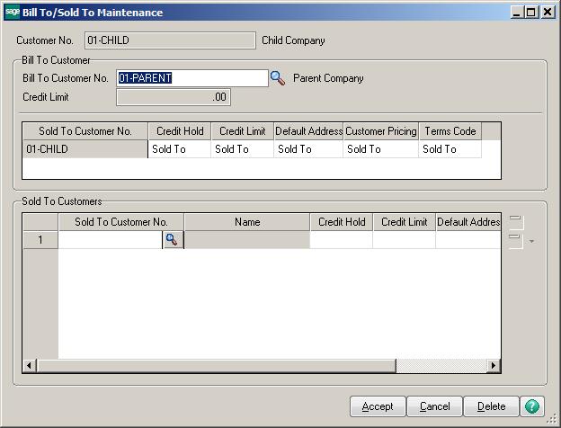 BILL TO/SOLD TO MAINTENANCE: Use Bill To/Sold To Maintenance to enter, modify and view relationships between the customer and its bill-to or sold-to customers.