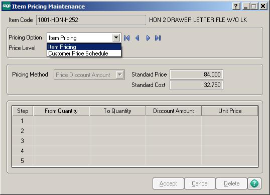 Use this task to set up item quantity price breaks and/or pricing methods that are unique from those defined in Price Code Maintenance.