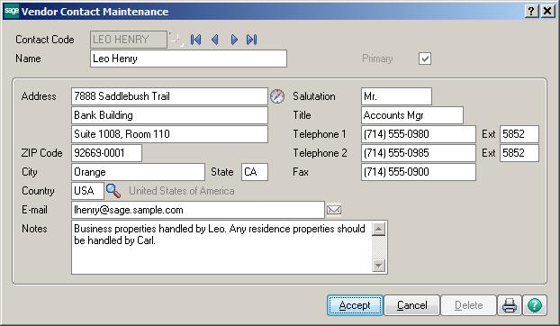 CONTACTS: Use Vendor Contact Maintenance to create and maintain multiple contacts for vendors and purchase addresses.