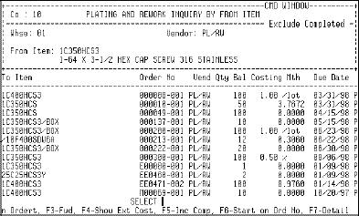INQUIRE PL/RW BY FROM ITEMS (PLRW/PQFI) This program is used to display all To Items and orders for a From Item that is sent out for plating or rework.