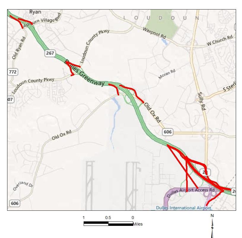 The 14-mile Dulles Greenway connects to the Dulles Toll Road at Route 28 (at Dulles International Airport), and extends west to Route 15 at Leesburg, as shown in Figure 3-8 and Figure 3-9.