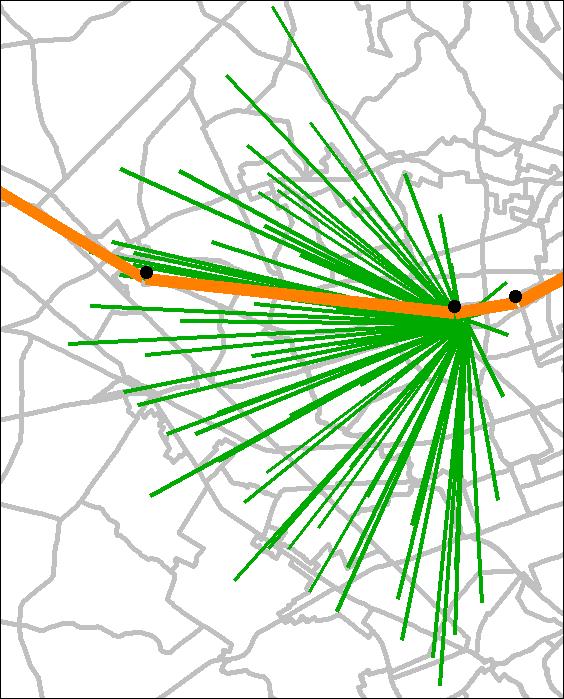 Figure 3-16 Drive-access links associated with the Ballston Metrorail Station PNR lot Ref: "L:\modelRuns\fy14\Ver2.3.52_Conformity2013CLRP_Xmittal\2010_Final\zonehwy.