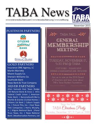 TABA NEWS TABA News is the official newsletter of the Tyler Area Builders Association. Each month TABA members turn to this newsletter to find out what s happening at TABA.