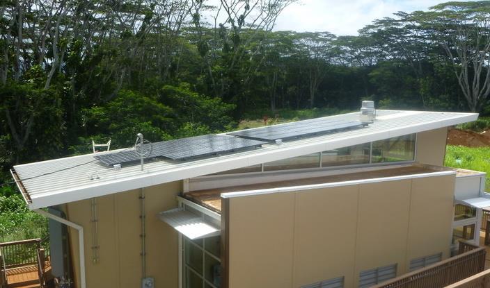 Ilima classroom, South Oahu showing the two PV systems installed to compare heterojunction with intrinsic thin layer (HIT) to thin film made of copper, indium, Gallium