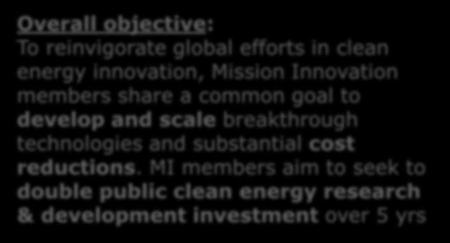 Mission Innovation Overall objective: To reinvigorate global efforts in clean energy innovation, Mission