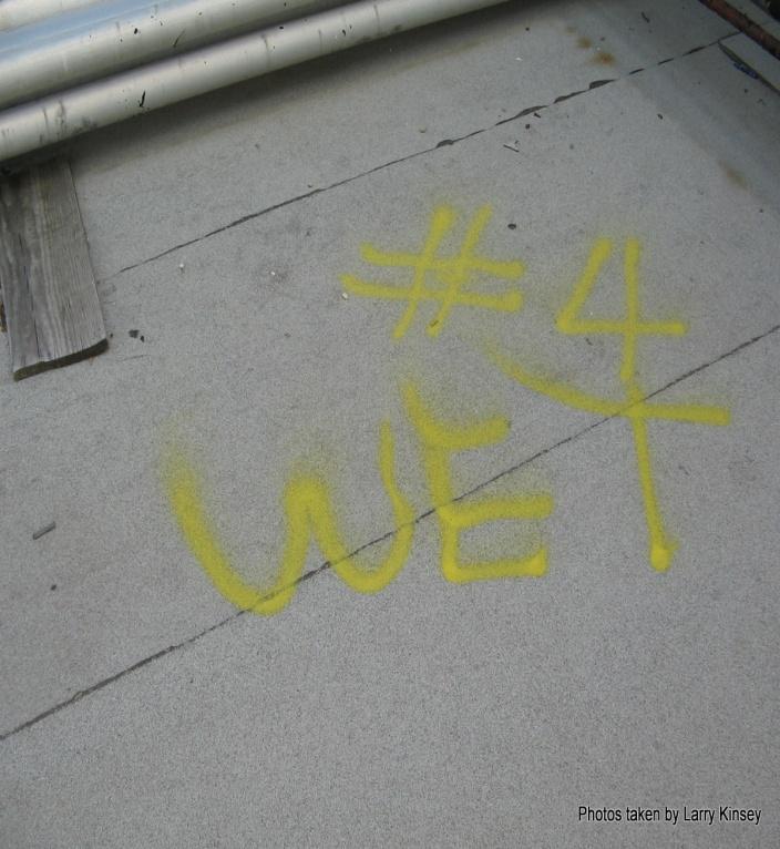 Photo # 7 Description [ Wet # 4 ] This area is noted on roof and is near the expansion joint on north side of low roof next to the overhang.