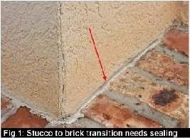 3.10 Water Intrusion Problems Related to Improper Transitions Many buildings incorporate two or more exterior finishes in their design, such as stucco and brick, stucco and stone, stucco