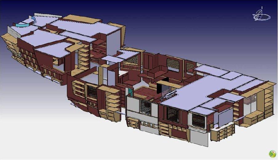 Interior design of a Superyacht (Isonaval, Spain) When using a CATIA specific module for wooden furniture detailing and manufacturing, it can be possible to automatically propagate a change of the