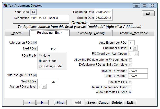Purchasing-Entry Auto-assign PO#: The program will automatically number your Purchase Orders. Next PO#: If you auto-assign your PO numbers, this field will store the next number to be used.