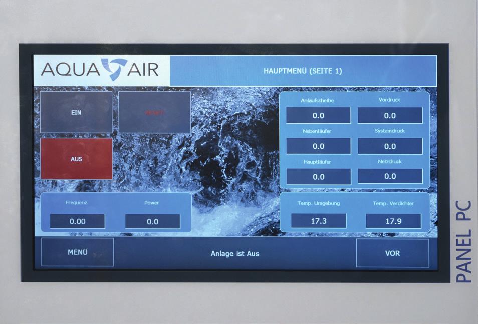 compressed air management. All AQUAAIR systems are equipped as standard with the powerful basic version AQA_AIR Control 4.0; advanced features are available in versions 5.0 and 6.0. During the development, the highest priority was put on user friendliness.