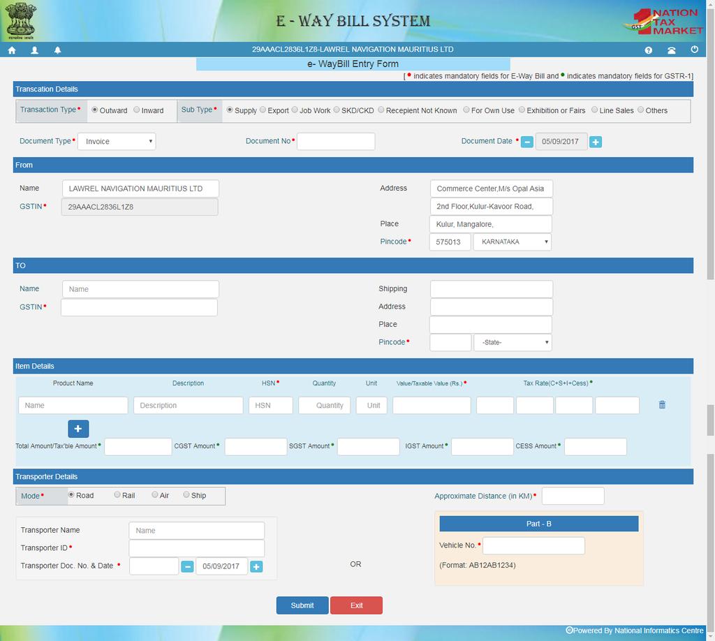 The right hand side has the notification panel which notifies and alerts the user on various points about the e-way Bill system. 5. Options of e-way Bill 5.