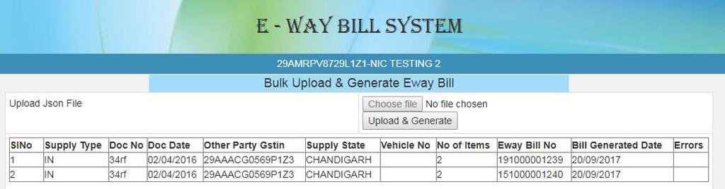 Figure 11: Generating and Uploading Bulk EWB. After processing the JSON file, the system generates the E-Way Bills and shows the EWB for each request.
