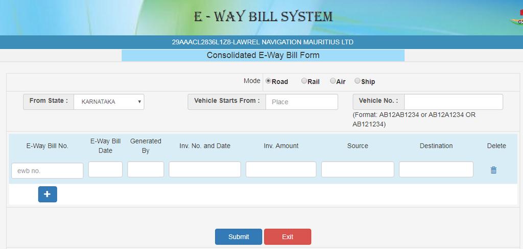 6. Managing Consolidated e-way Bills 6.1 Generating Consolidated E-way bill A consolidated E-way bill is generated when the transporter is carrying multiple consignments in a single vehicle.