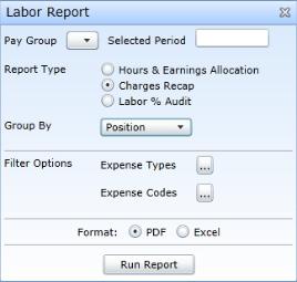 Select Labor Report from the Reports drop-down list. The application displays the report's parameters. 2. Select the pay group you want to report on from the Pay Group drop-down list. 3.