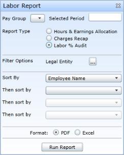 1. Select Labor Report from the Reports drop-down list. The application displays the report's parameters. 2. Select the pay group you want to report on from the Pay Group drop-down list. 3.
