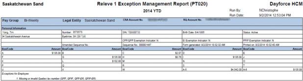 You can access this report in My Year End. You can configure the following parameters when you run this report: Parameter Year Pay Groups Legal Entity Funding Identifiers CRA Account No.