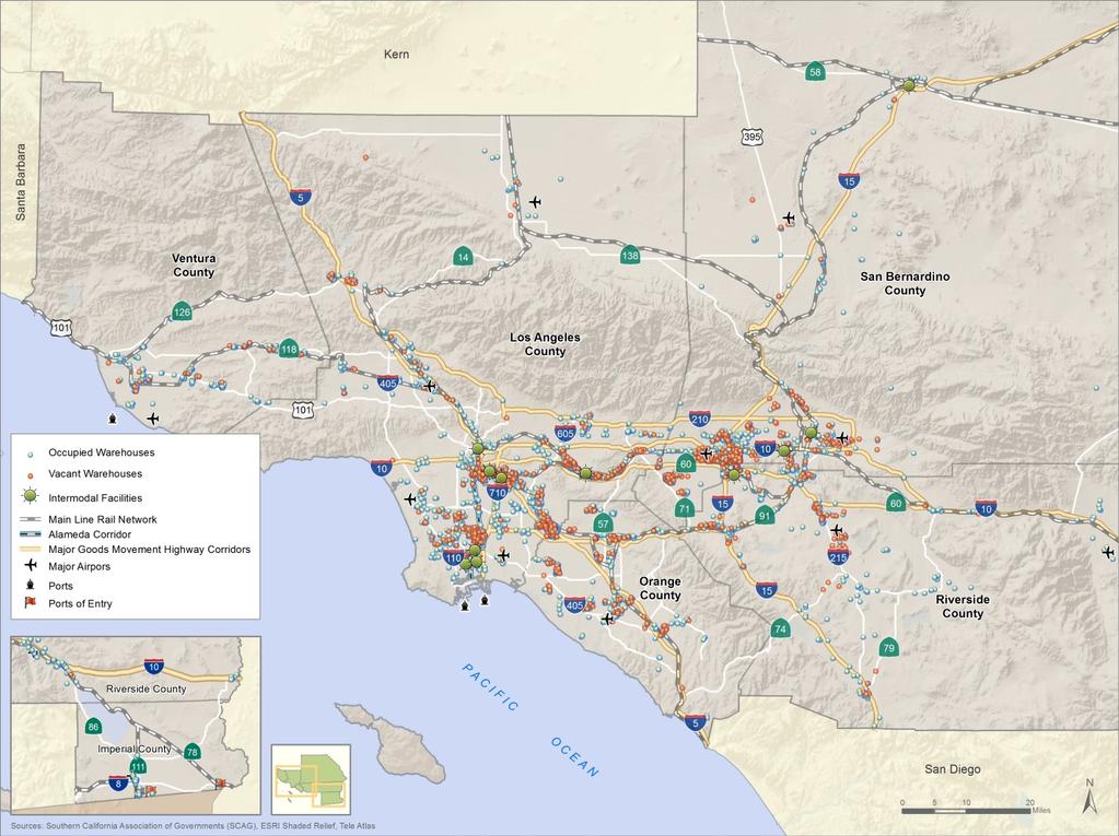 FIGURE 2: Locations of Warehousing in Southern California Source: SCAG The significance of truck volume in the County is reflected in the draft Federal Primary Freight Network (PFN), which included