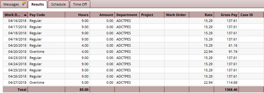 Results Tab The Results Tab shows the calculated results of the data input on the main timesheet, including overtime, shift premiums, etc.