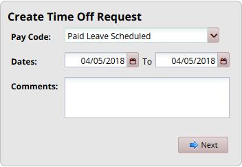 The Create Time Off Request window appears. 4. Choose the type of time off from the Pay Code drop-down list. Note: Banked Holiday or Comp Time hours must be used before Paid Leave can be taken. 5.