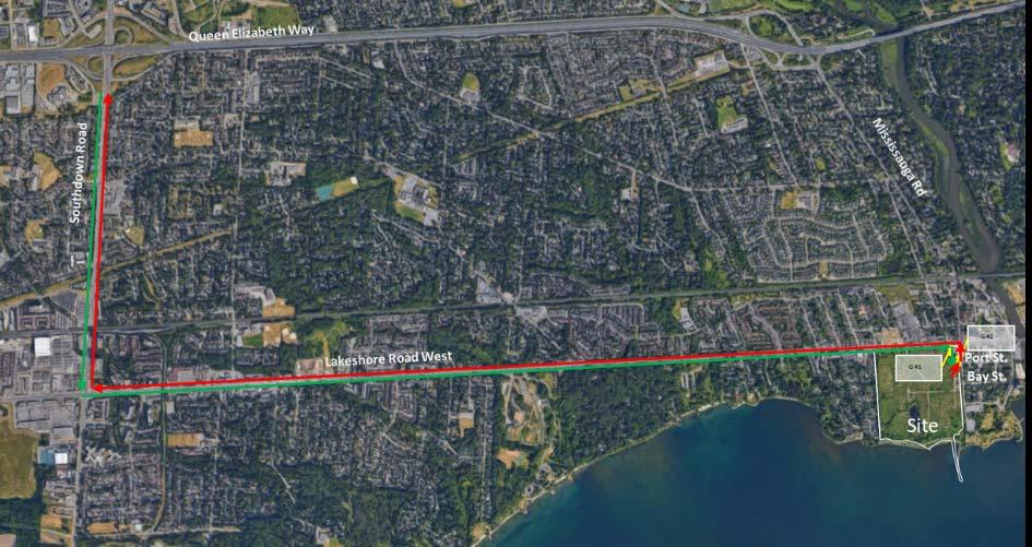 existing curb cut. Trucks will proceed north on Mississauga Road to the lights at Lakeshore, turn left (west) along Lakeshore, at Southdown Rd turn right (north) go to QEW.