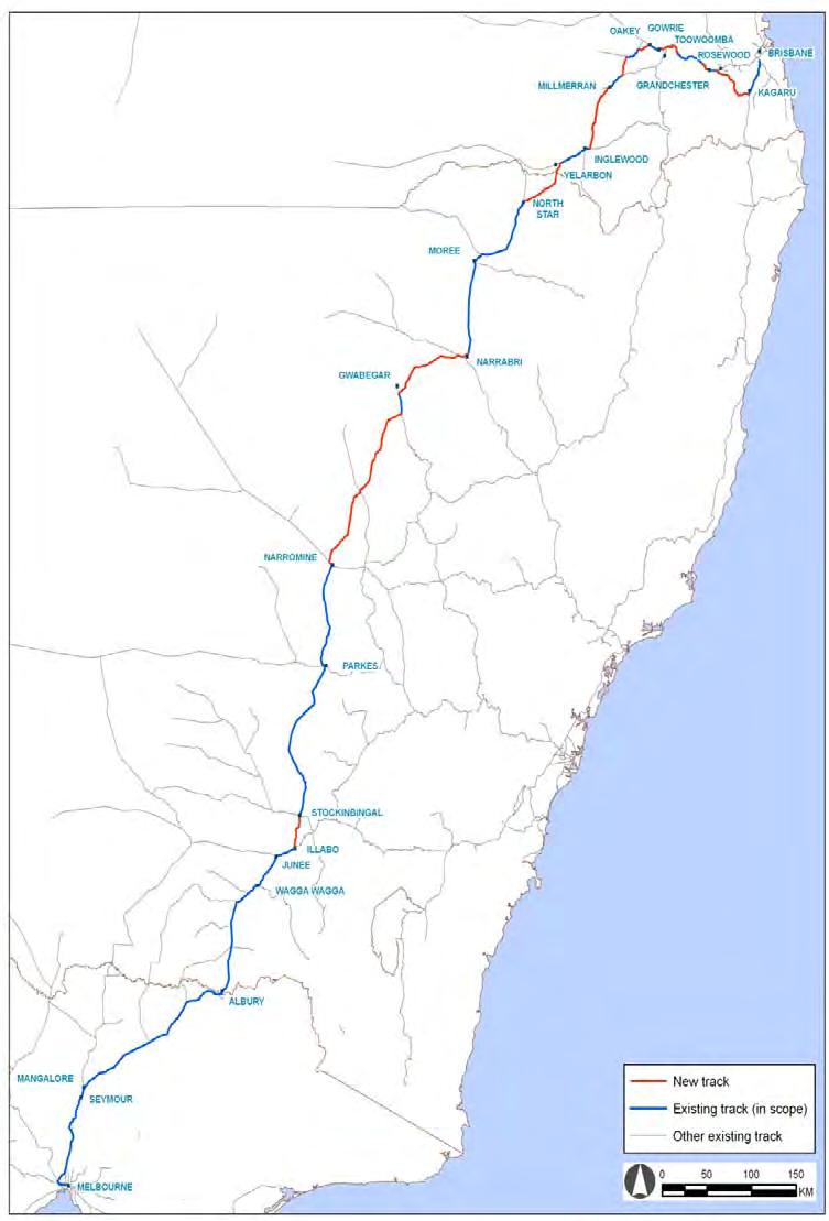 The Optimum Route Corridor: existing corridor from Melbourne to Narromine (with new route from Illabo to Stockinbingal), new route to Narrabri, upgraded track to North Star, new track and