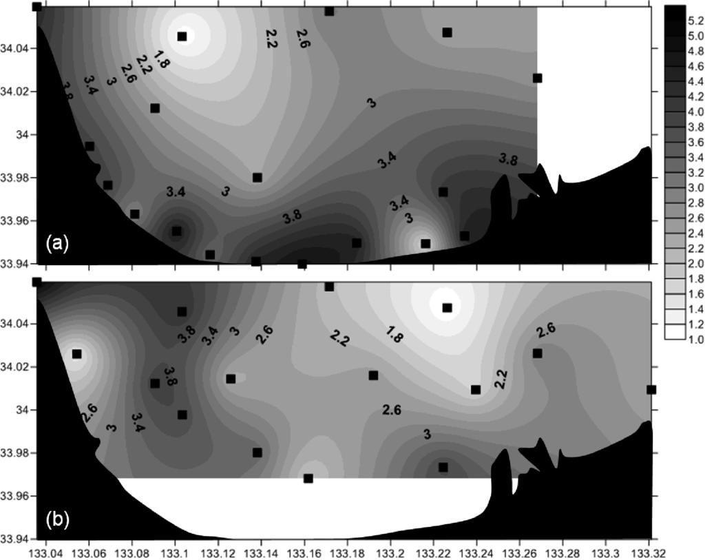 SGD in the Seto Inland Sea 121 Fig. 4. 222 Rn distribution in surface (a) and bottom (b) seawater. concentration in each station to the lowest concentration (HN-11).