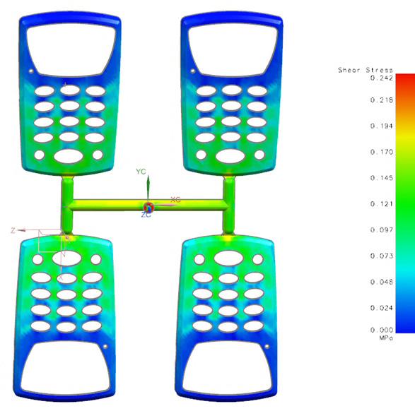 Shear stress and shear rate simulation visualize shear stress and rate distributions, helping you check if nonuniform shear stress or high shear rate tend to cause warpage or weaken part