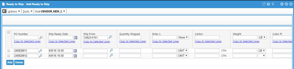Enter the units you are shipping on the purchase order in Quantity Shipped.