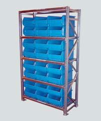 Long Span epoxy coated shelving (orange beams and blue side frames) with pre-galvanised shelf panels. Long Span pre-galvanised shelving with Allibin open-front storage bins.