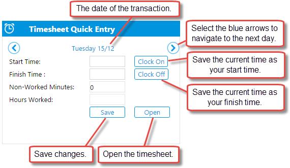 The Timesheet Quick Entry control enables you to enter your Start/Finish and Hours Worked information directly on the Welcome screen.