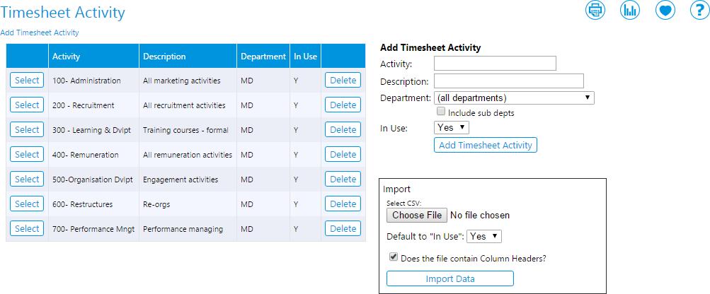 6.2 Activities 6.2.1 Creating Activities To create an activity: 1. Go to Timesheets > Timesheet Activity. A screen similar to the following will display. 2.