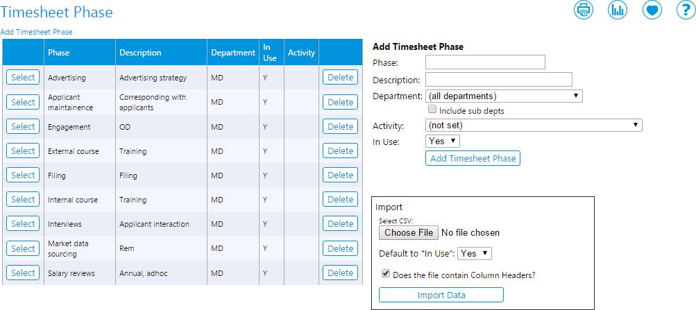 6.3 Phases 6.3.1 Creating a Phase To create a phase: 1. Go to Timesheets > Timesheet Phase. A screen similar to the following will display. 4.