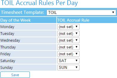 To apply the Accrual Rule to a timesheet: 1. Go to Timesheets > TOIL Accrual Rules Per Day. 2. Select a Timesheet Template from the drop-down list. 3.